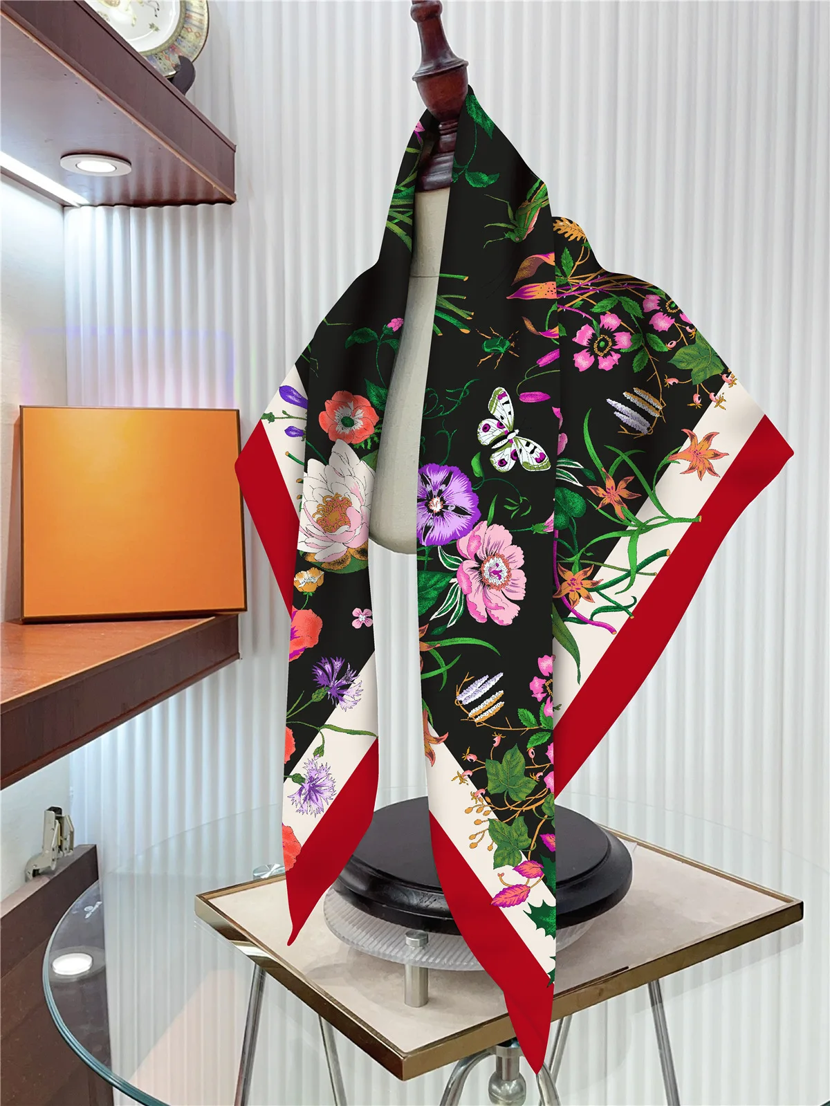 90cm Twill Silk Scarf Shawl Luxury Brand Tulip Plant Flower Square Scarf Women Hijabs Bandana Foulard Neckerchief Head Scarves