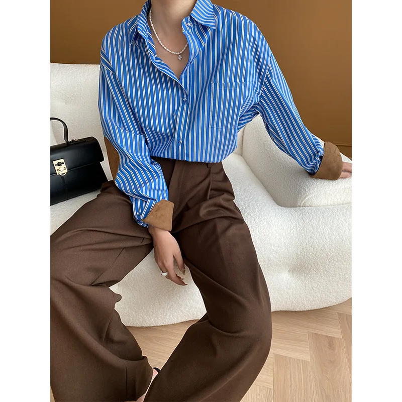 Suede Patchwork Vertical Striped Loose Blue Shirt Layered Autumn And Winter Blouse