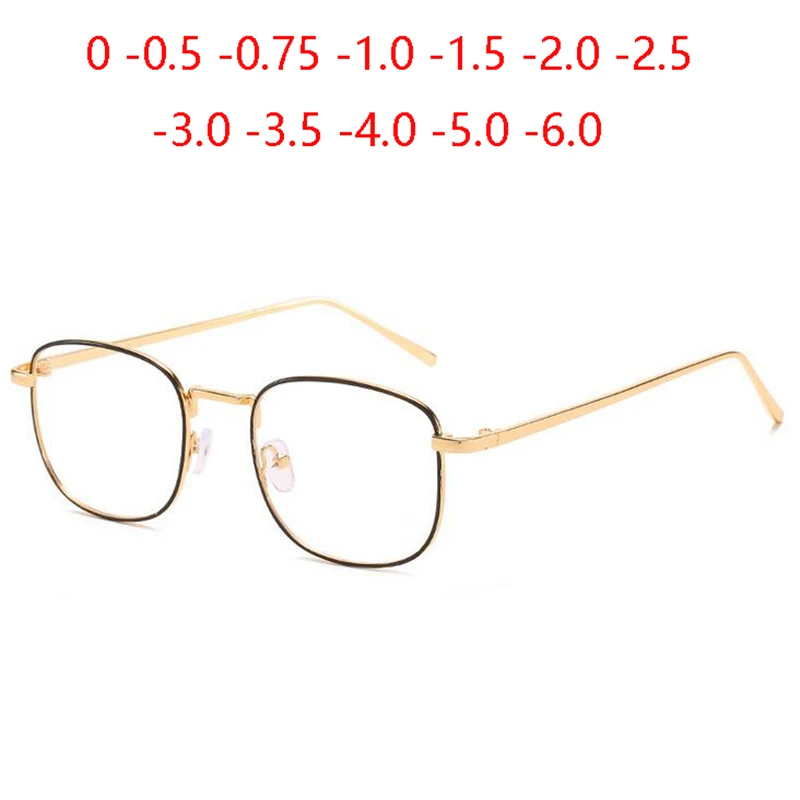 Black Gold Frame Square Minus Degree Prescription Eyeglasses UV400 Metal Stundent Nearsighted Glasses 0 -0.5 -0.75 To -6.0