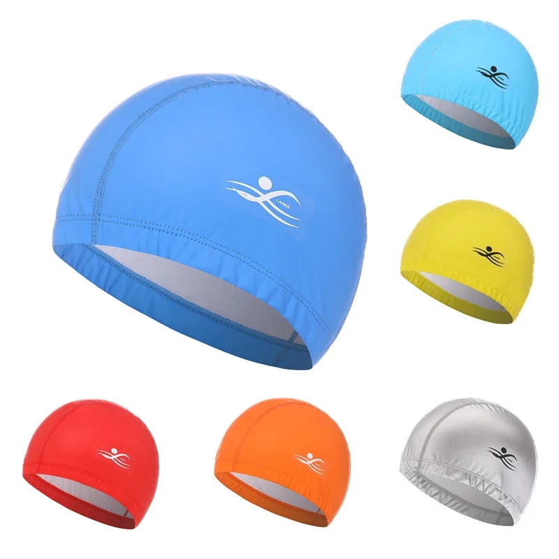 Swimming Cap Adult PU Waterproof Swim Pool Cap Solid Color Elastic Protect Ears Long Hair Diving Hat Bathing Cap Free Size