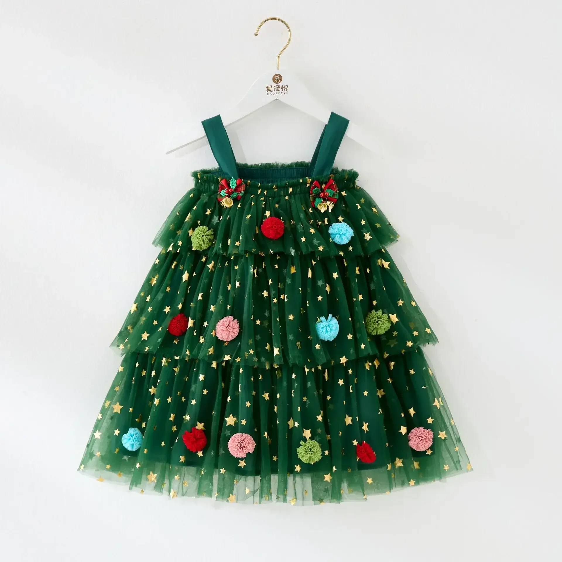 Christmas Kids Girl Stars Dress Sleeveless Red Green Party Layered Tulle Dress Plush Ball Xmas Clothes