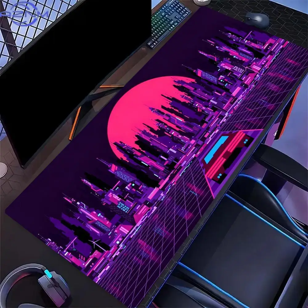 Large Gaming Mouse Pad Synthwave City Print Stitched Edges Non Slip Rubber Base For Gamer Laptop Office Workstation