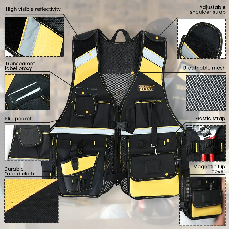 AIRAJ Electrician Tool Holder Vest with Pockets and Reflective Strip Electrician Special Work Clothes Construction Site Work