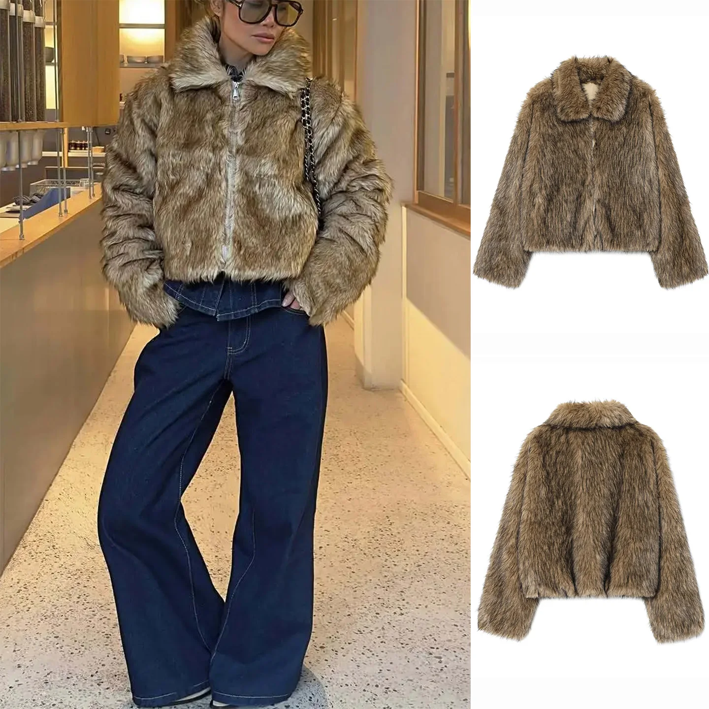 

Новое зимнее женское пальто на молнии или Jaet с эффектом искусственного меха Long Sve с отложным воротником, повседневное свободное женское пальто Faion