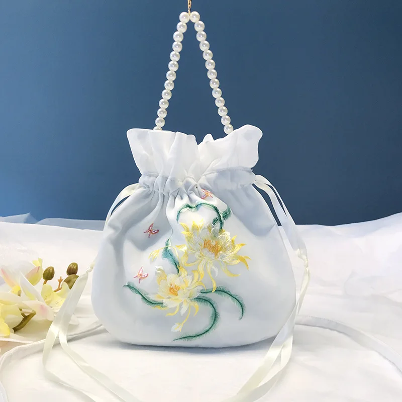 

Antique Organza Embroidered Handheld Pearl Bag Lace Drawstring Shoulder Bag Girl's Gift Daily Coin Purse