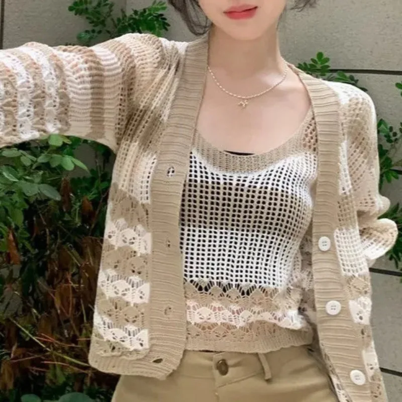 Knitted Sets for Women Korean Style Striped Long Sleeve Cardigans Hollow Out Fashion Camisoles All-match Young Spring Ins Girls