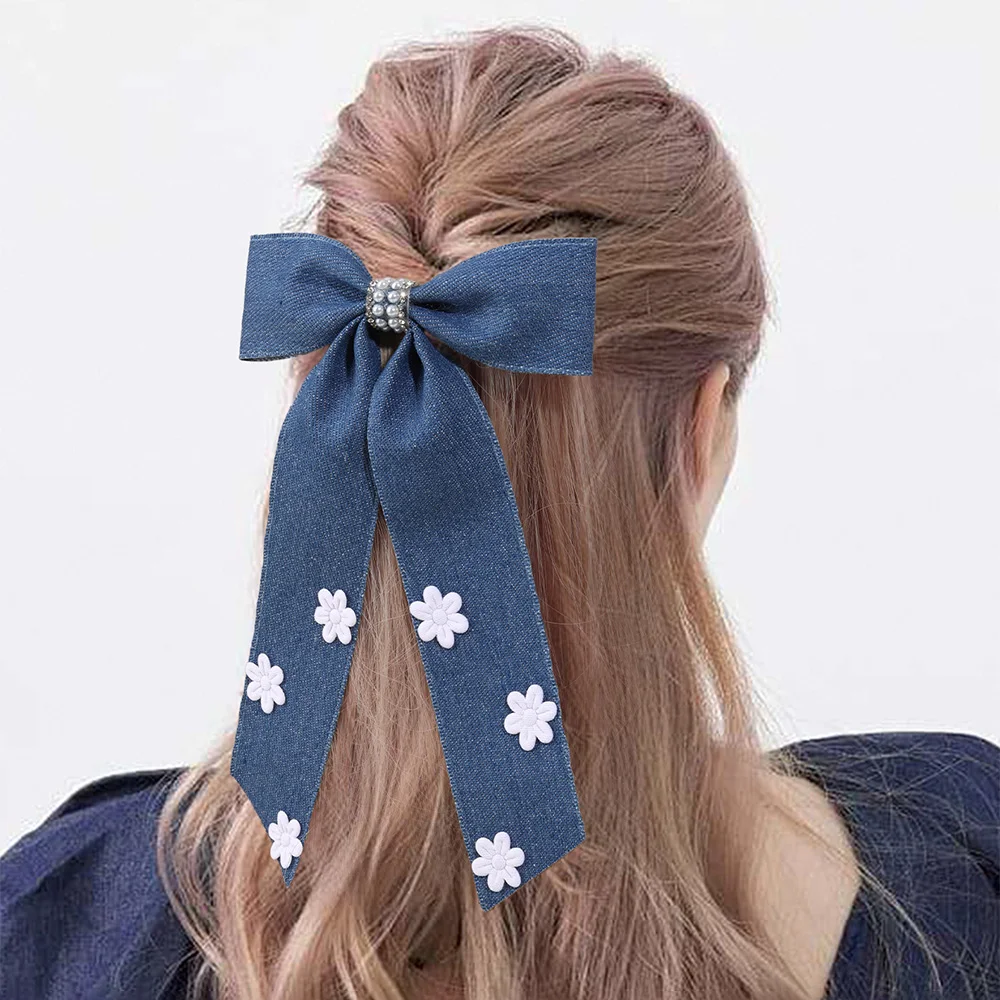 ncmama New Jeans Bow Hairpins with Flower Decorate Women Long Tassels Pearl Hair Clip Barrettes Hairgrips Korea Hair Accessories