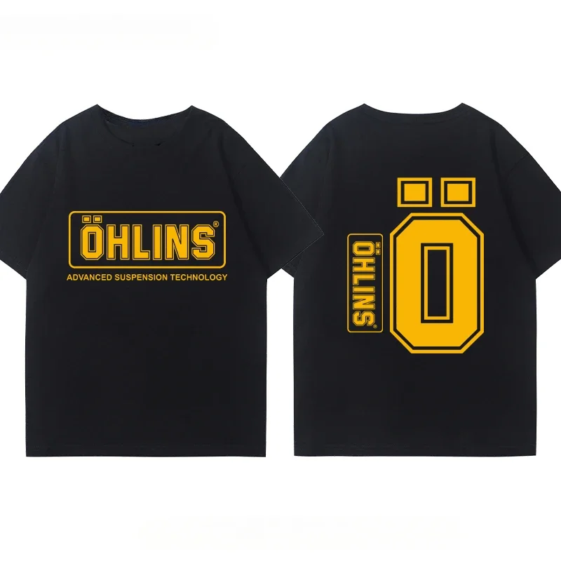 

2025 OHLINS motorcycle pattern Harajuku 100% cotton T-shirt outfit Summer Men's Racing print Loose short sleeve