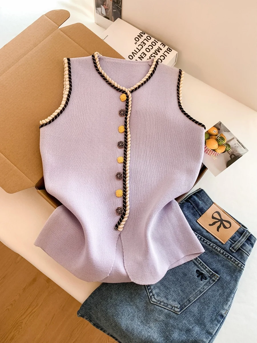 

Вязаный жилет Color Blo для женщин, верхняя одежда, многослойный, весна-осень, с высокой талией, прямого кроя, на пуговицах, трикотажный