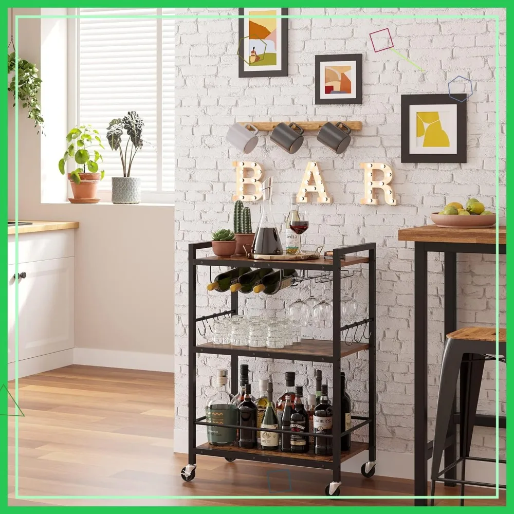

Mobile Kitchen Cart with Wine Rack, Glass Holder & 4 Casters - Multifunctional Serving Cart for Home & Office
