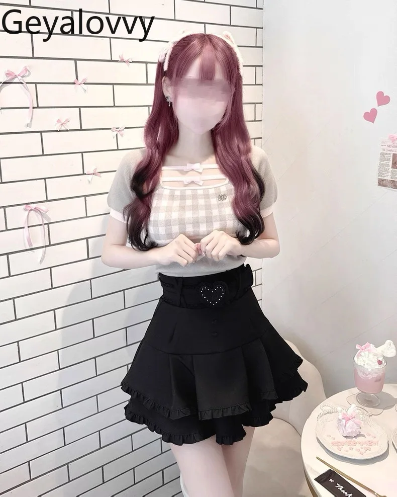 

Black High-Waisted Belt Layered Ruffle Cake Short Skirt Summer New Sweet Cute Versatile Slim A-Line Mini Skirts for Girls