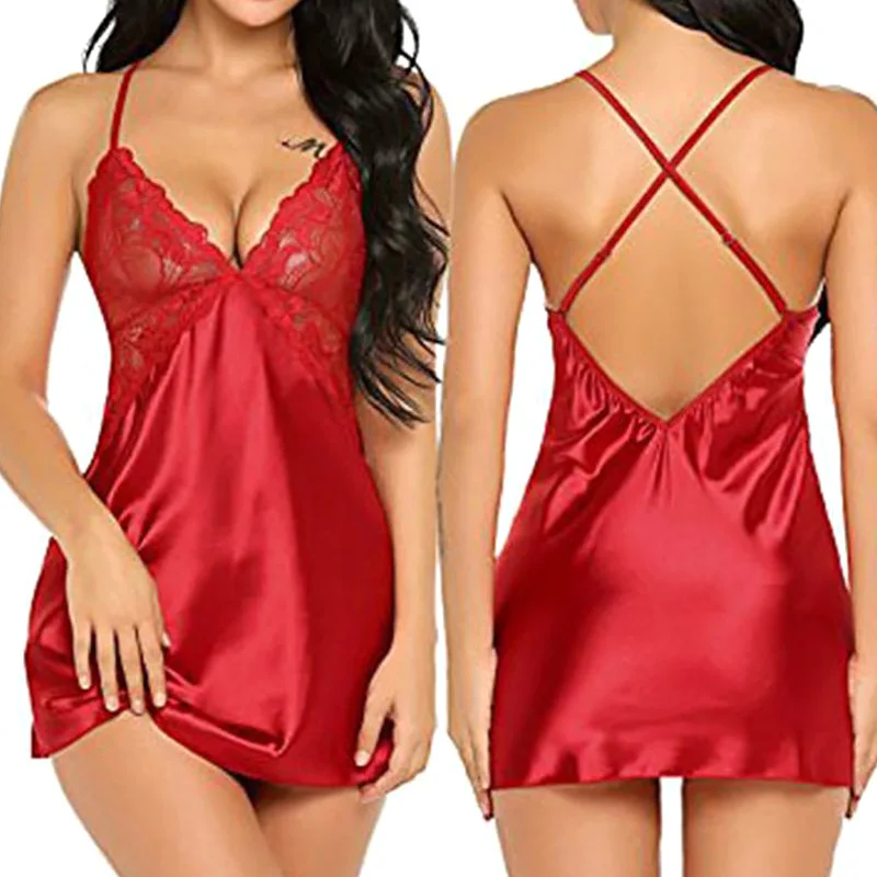 Women Sexy Sleepwear Lace Silk Satin Nightdress Robe Dress Babydoll Nightgown Solid Sleeveless Comfortable Lingerie Pajamas