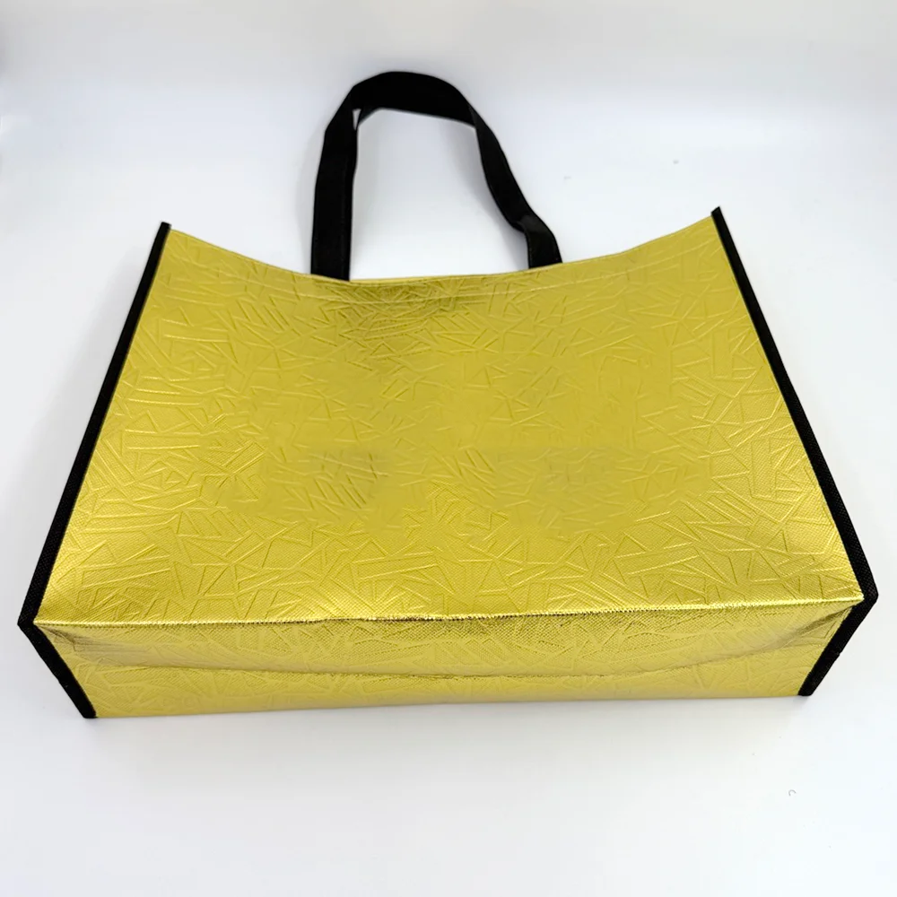 50X قابلة لإعادة الاستخدام شعار مخصص مطبوعة محبوكة فاخرة للمتسوقين حقيبة كبيرة الذهب لامع شنطة هدايا PP غير المنسوجة البقالة حقيبة تسوق