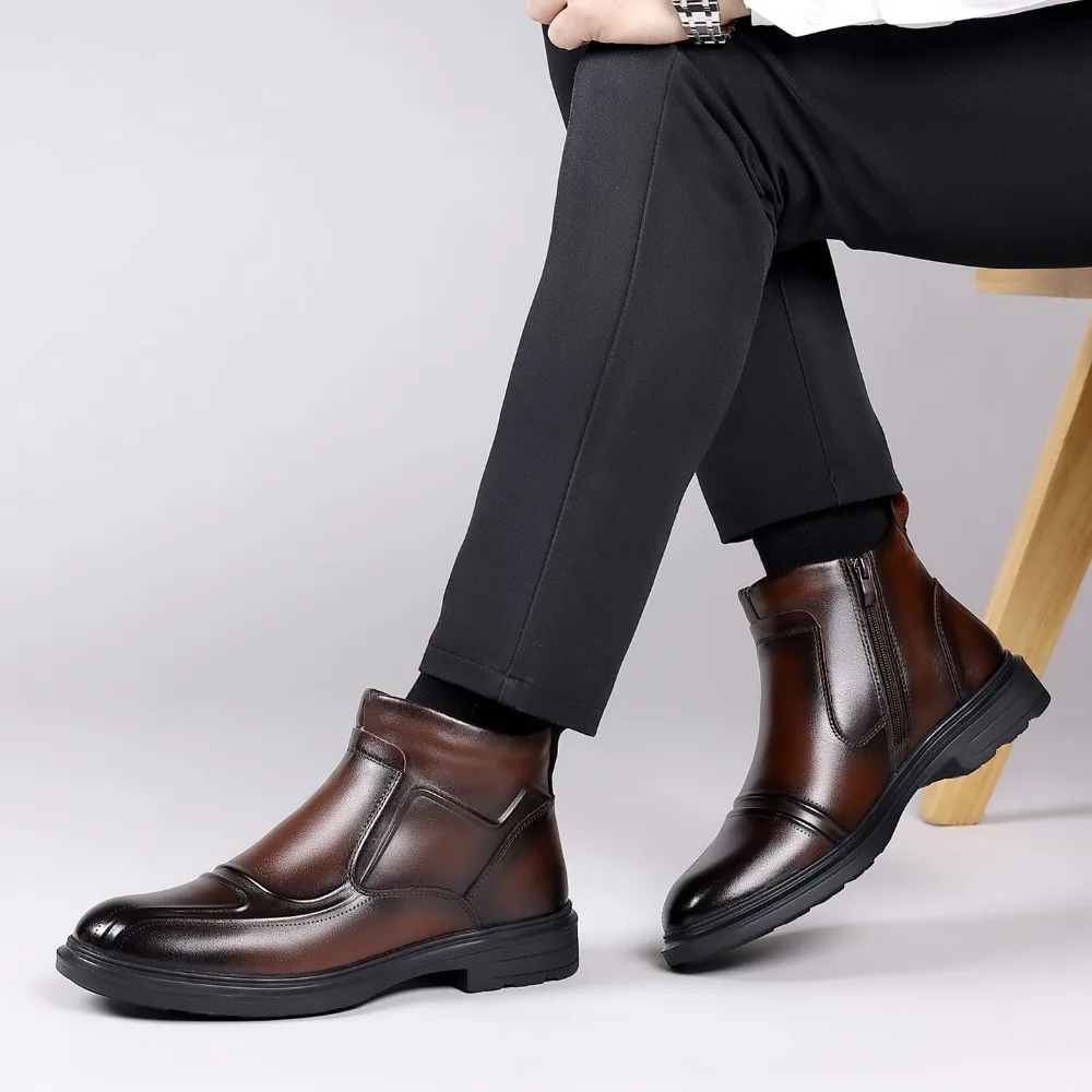 

Новые зимние деловые удобные классические деловые хлопковые ботинки челси из натуральной кожи с острым носком, мужские кожаные туфли с высоким берцем