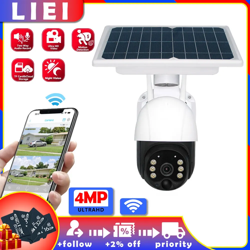 

LIEI 4MP UHD WIFI/4G Solar Camera Outdoor PIR Human Detection Wireless PTZ Camera Color Night Vision 2-Way Audio Home Security