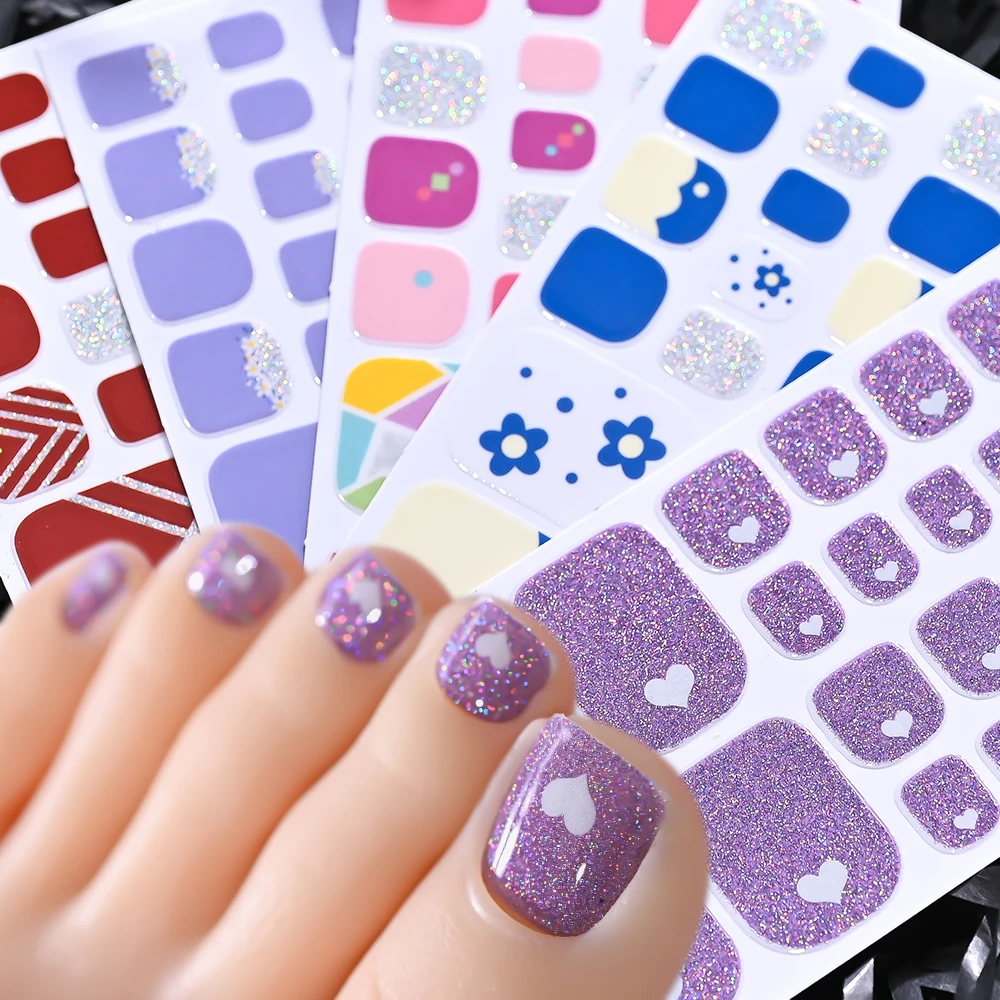 5 folhas roxo glitter toe adesivos de unhas amor design cobertura completa adesivo unha polonês tiras verão toenail deacorations envoltórios