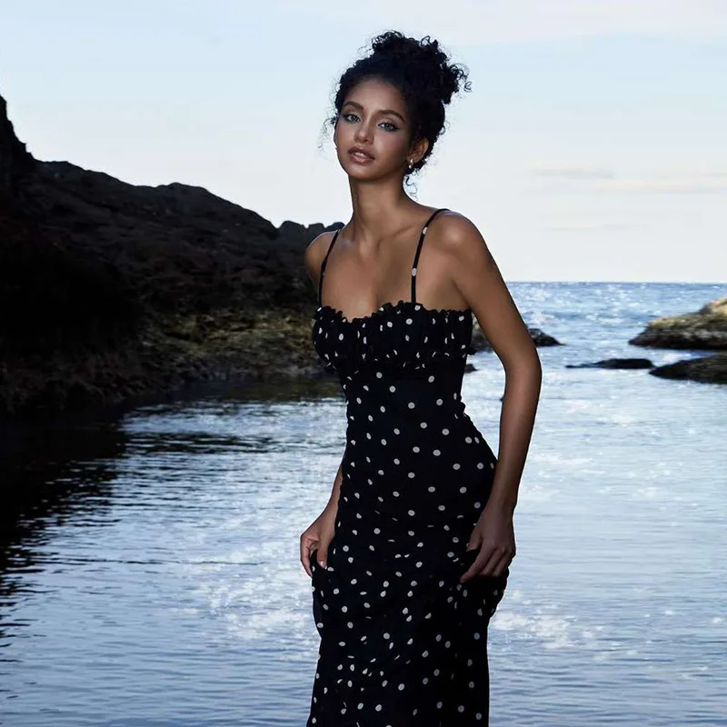 

Французское сексуальное облегающее платье с глубоким вырезом на спине и принтом в горошек, на тонких бретельках, для женщин, летнее, подчеркивающее фигуру, элегантное