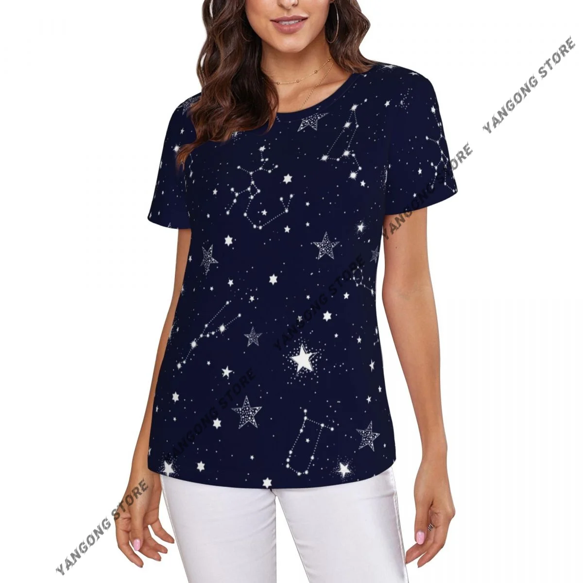 Women Short Sleeve Top Space Galaxy Constellation Zodiac Star T-shirt Fashion Summer Female Tops Loose Round Neck T Shirt