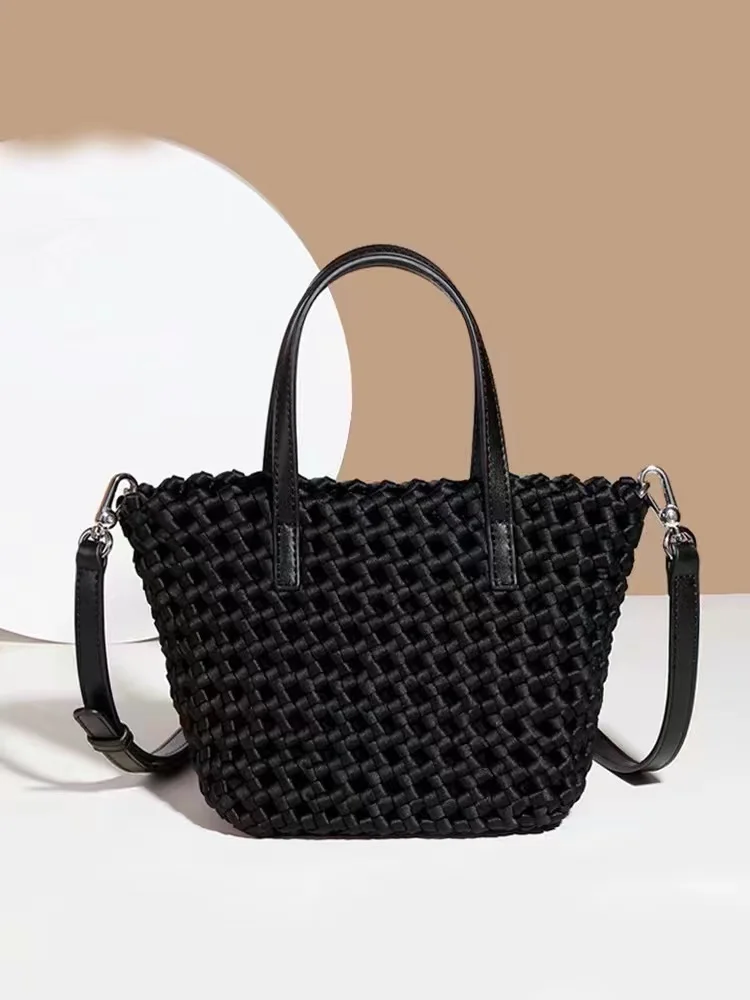 High Quality Hollow Out Woven Handmade Bucket Bag Women\'s Handbag Female Shoulder Messenger Bag Lady Purse Fashion Composite Bag