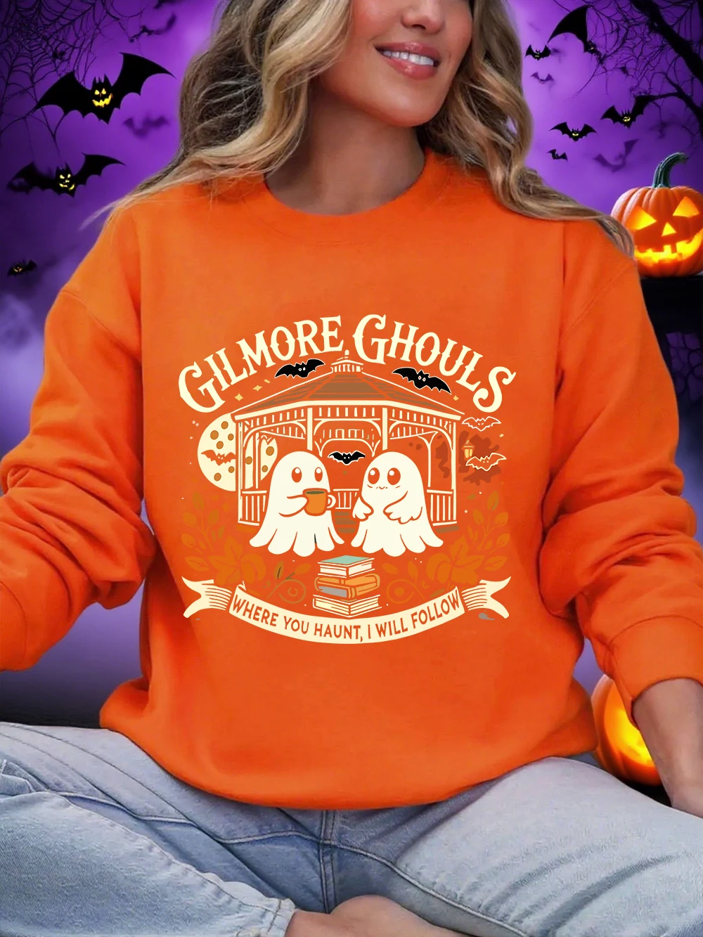 هالوين جيلمور الغول يطبع بلوزات النساء Crewneck أساسيات هوديس فضفاض الصوف الدافئة البلوز الشتاء ملابس امرأة غير رسمية