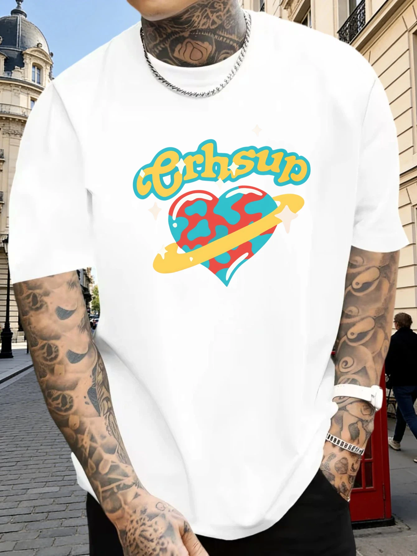 Male Cotton Short Sleeve T Shirt Heart Planet Letter Pattern Loose Crew Neck Street Casual Summer Tees For Young Adult Men