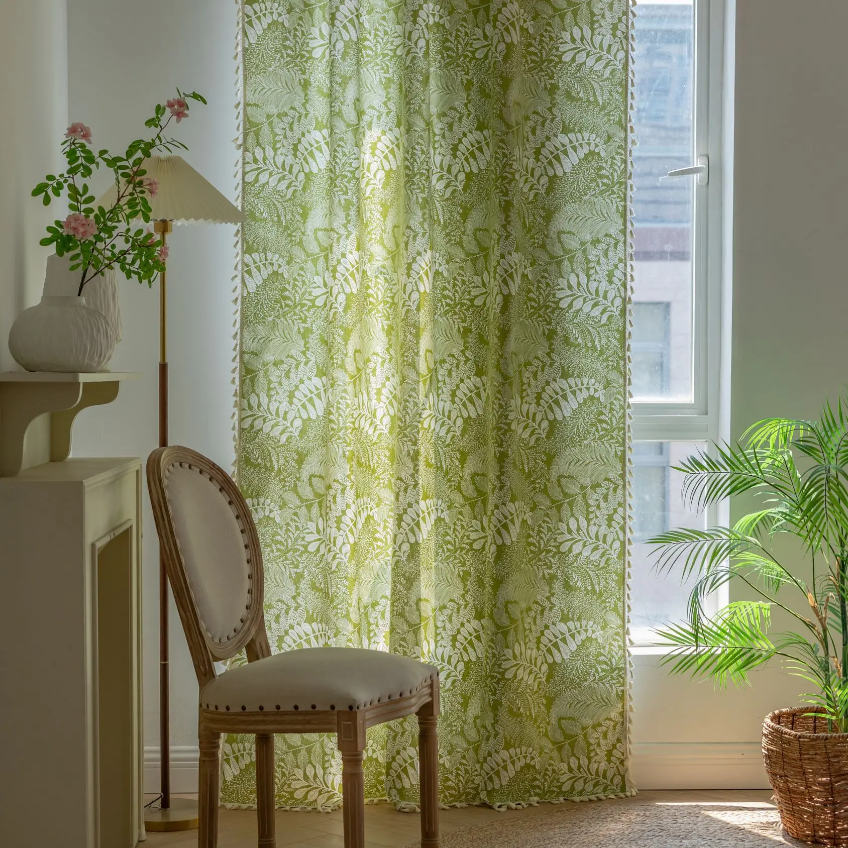 Cotton Green plant Curtains Road Pocket High Shading Curtain Tassel for Kitchen Bedroom Living Room Bay Window Cabinet Curtain