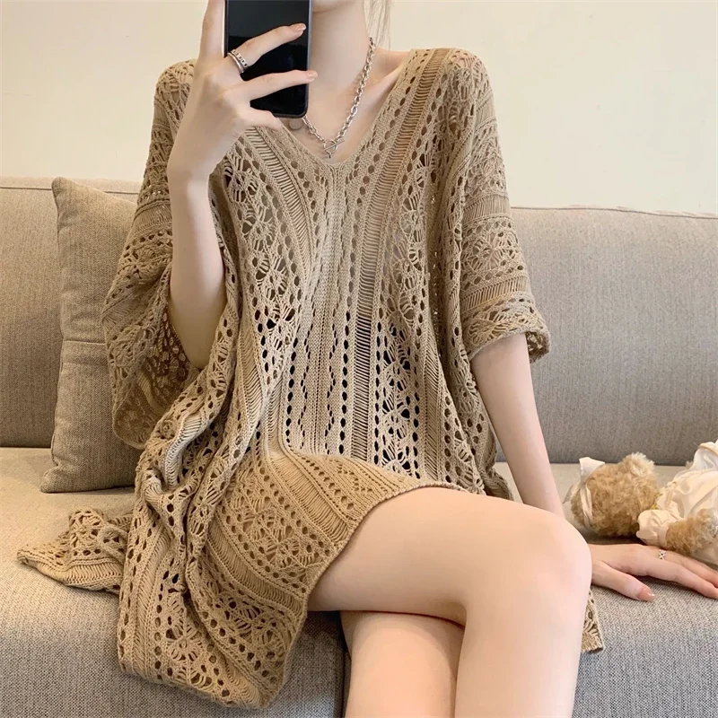 New 2024 Summer Sun Protection Knitted Shirts Women Loose Women\'s Blouse Short Sleeve Woman Long Tops Hollowed Out Clothes 26910