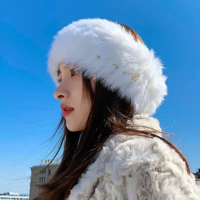 2024 New Winter Real Rabbit Fur Headbands Hat for Women Fur Hat Female Outdoor Thick Furry Warm Beanies Cold-proof Snow Ski Cap