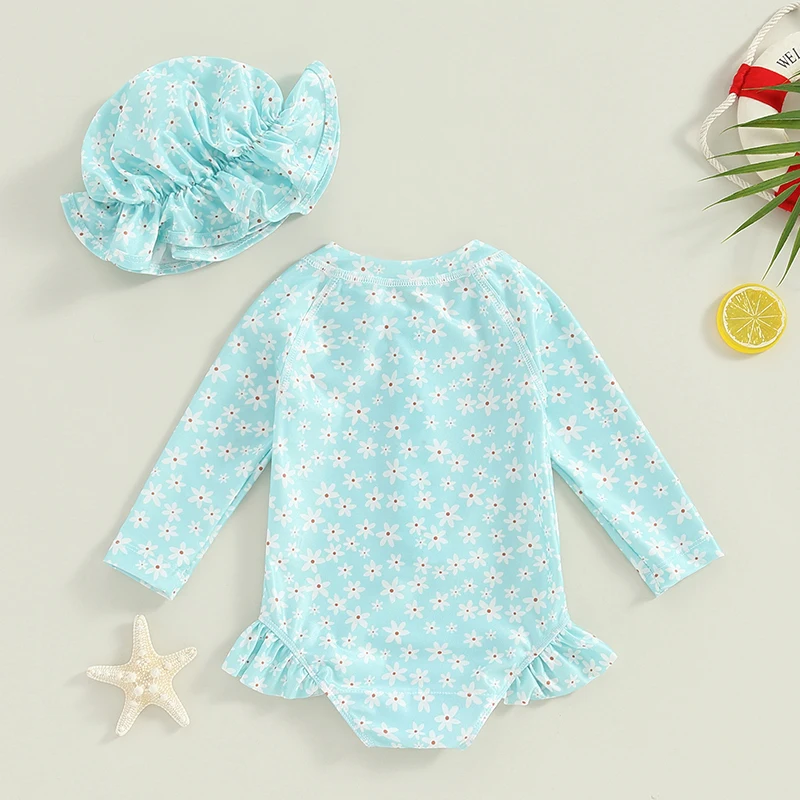 Toddler Girls Rash Guard Swimsuit Rompers Long Sleeve Floral Print Baby Ruffles Bathing Suit Swimwear with Swim Cap Outfit