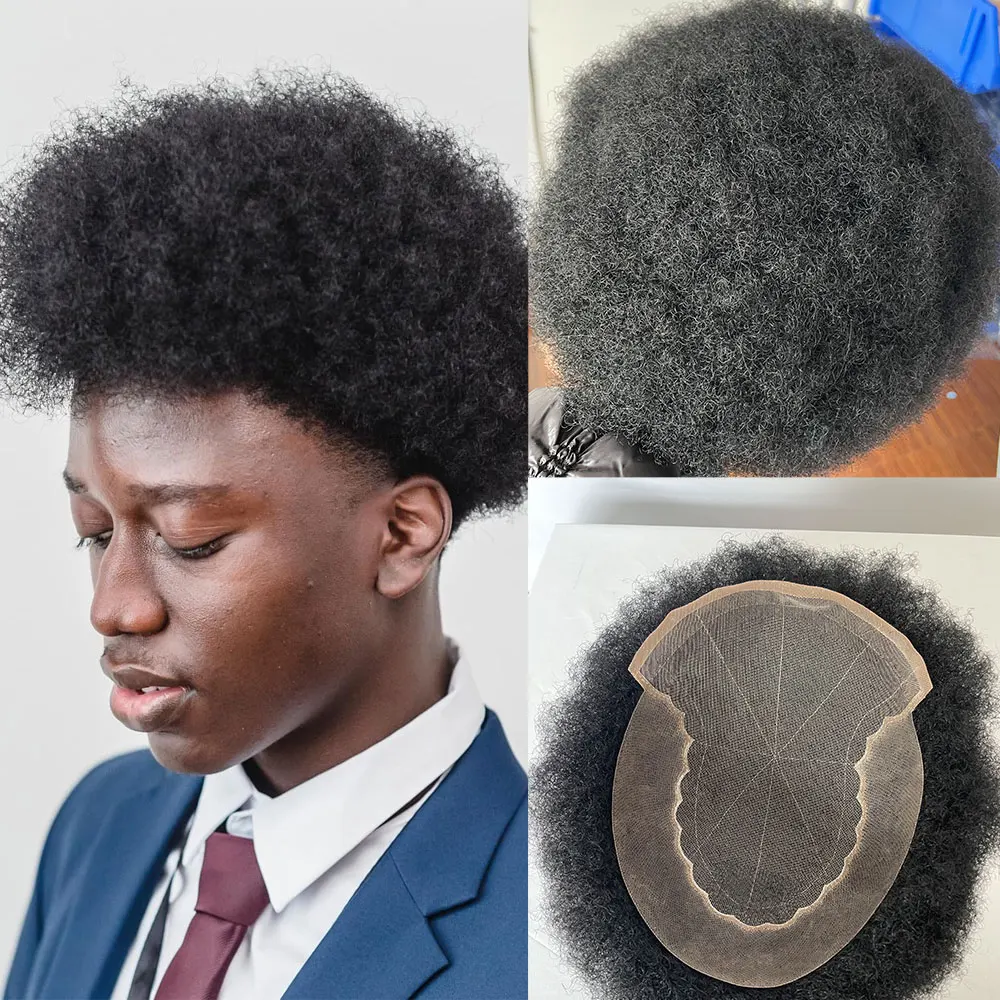 Afro Curl Toupee 8X10 Frontal de encaje francés, piezas de cabello Q6 Cabello humano rizado para peluca de hombre afroamericano