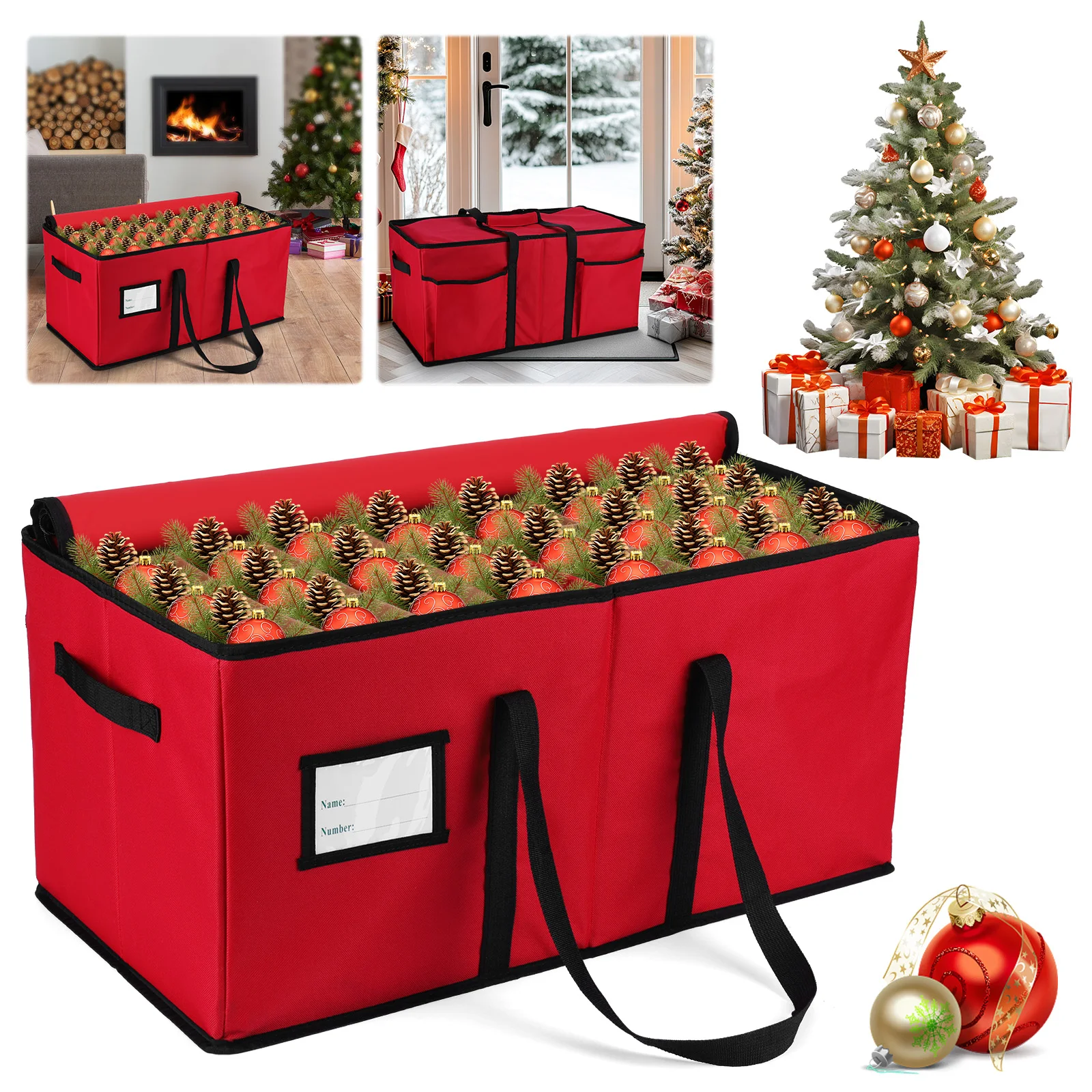 

Красный Оксфордский контейнер для рождественских украшений, контейнер для хранения вещей до 128 3-дюймовых праздничных украшений, органайзер для хранения рождественского декора