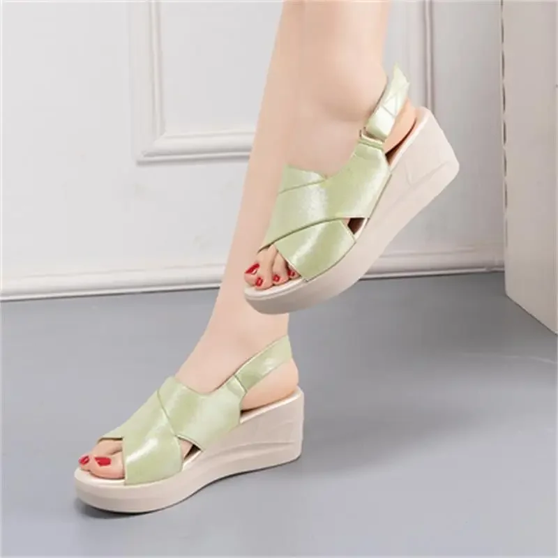 Women Genuine Leather Sandals Peep Toe Platform Wedges High Heel Sandals Espadrille Buckle Sandals Lady Summer Shoes