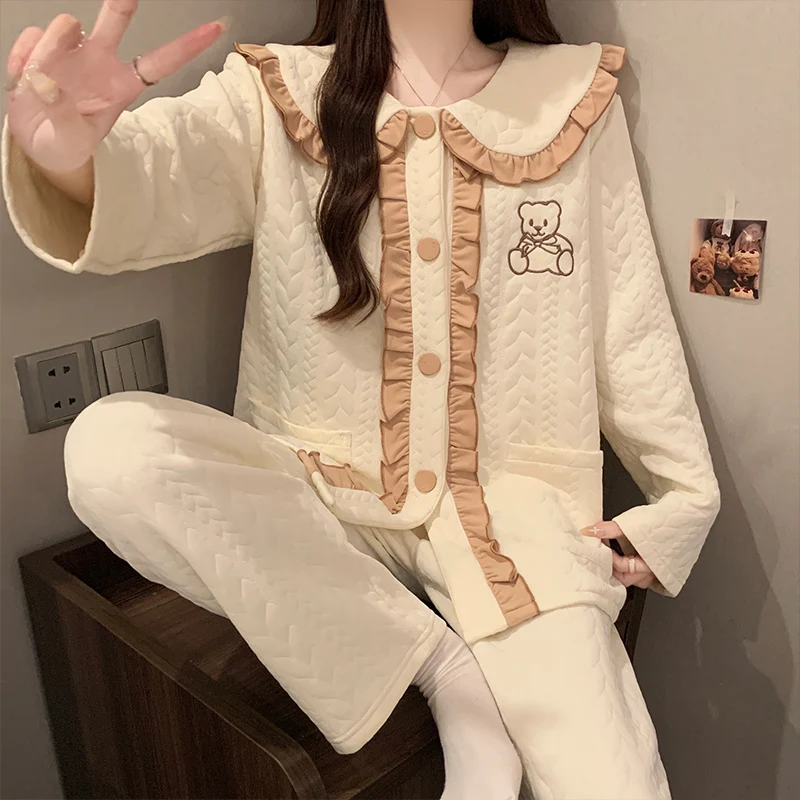 

Pajama Bodysuit Sets Women Twill Colorable Print Durable Finish Scoop Neck Short Sleeve Full Length Pants Autumn Nightwear Unise