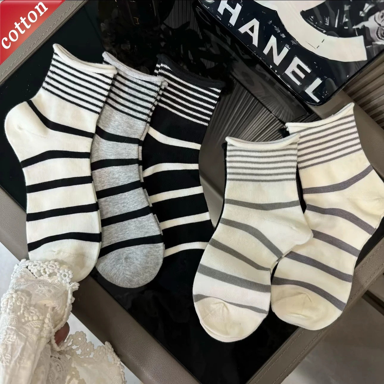5 Pairs Women's Socks Set Korean Stripe Simple High-quality Cotton Socks For Girl Wholesale Sweet Harajuku Verstaile Comfortable