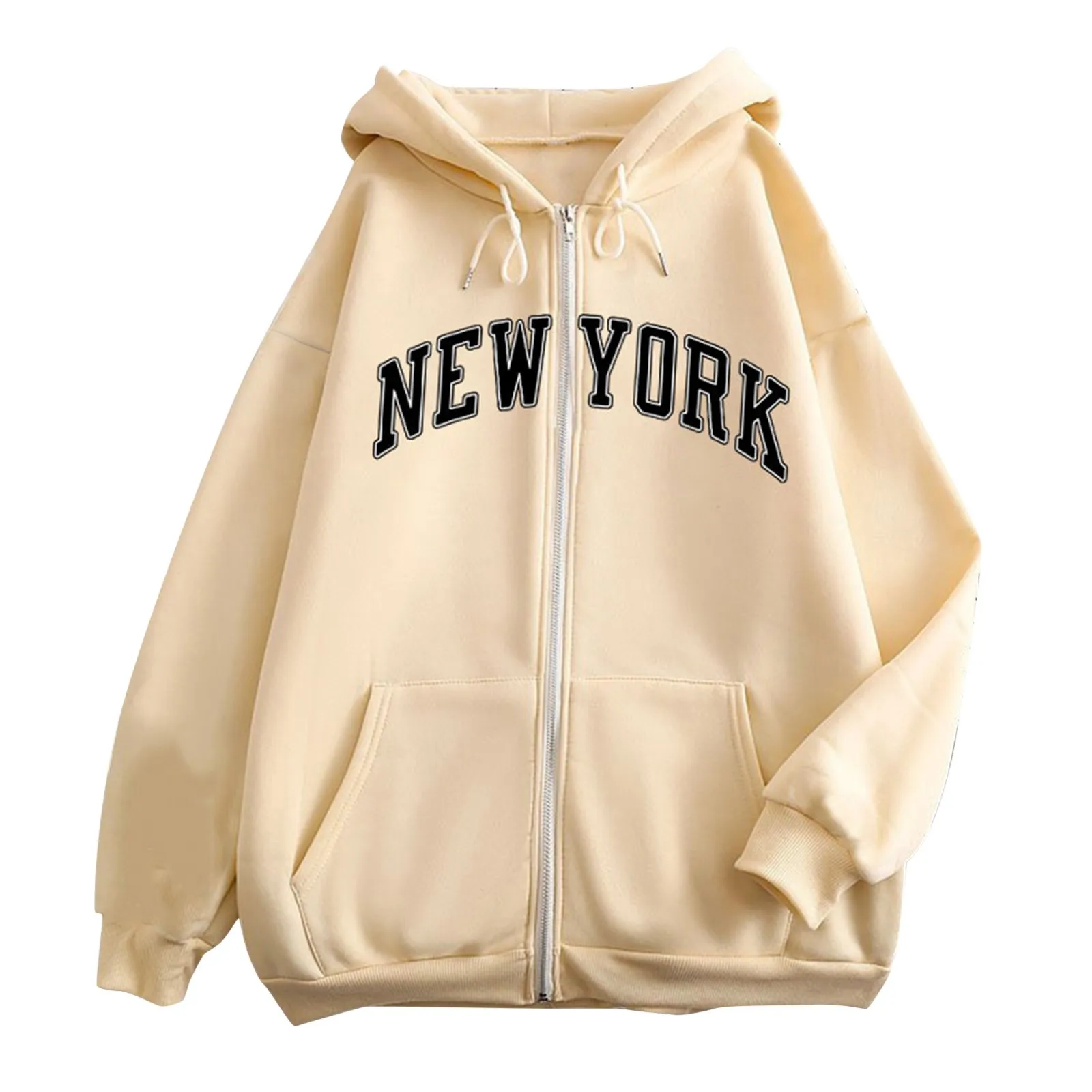 NEW YORK Letter Print Zip up Harajuku Hoodies Jacket Women Casual Oversized Sweatshirt Female Streetwear Pockets Hooded Coats