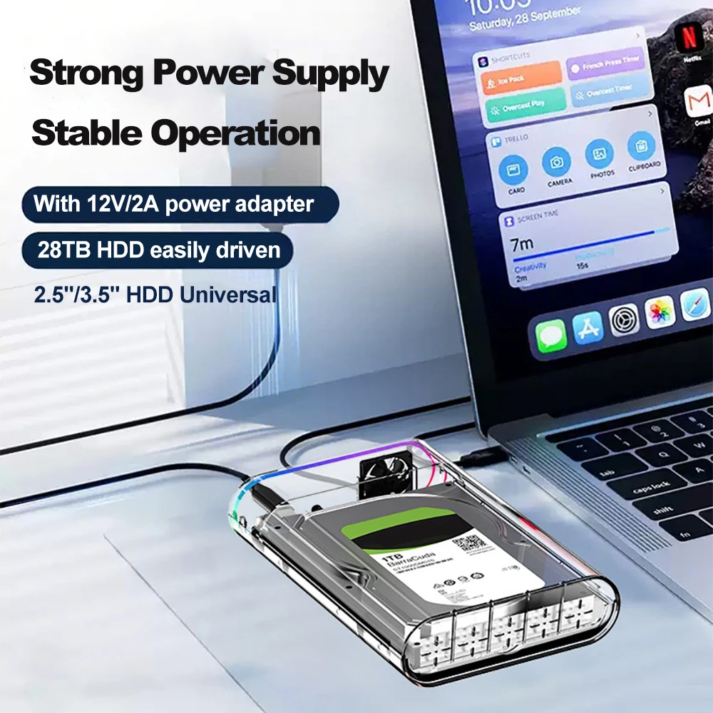 2.5/3.5인치 HDD/SSD 외장 케이스 투명 USB 3.0 타입 C to SATA 외장 하드 케이스 28TB SSD 지원 RGB 다채로운 조명 내장 팬