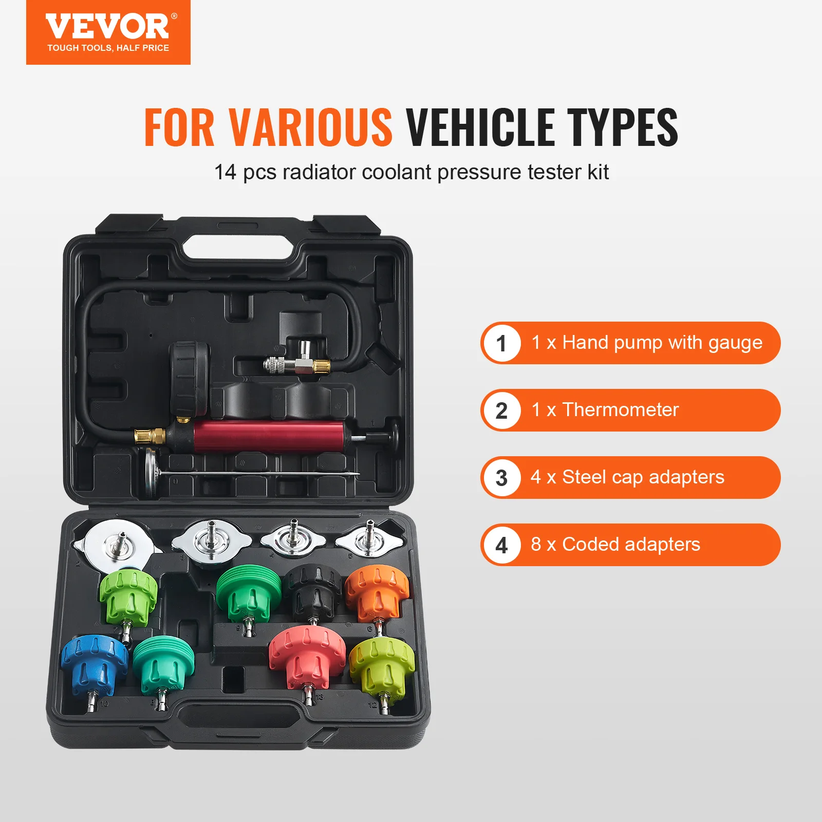 VEVOR 14/28 pcs Universal Radiator Pressure Tester Kit Coolant Pressure Tester Kit For Cars Motorcycles Trucks Cooling System