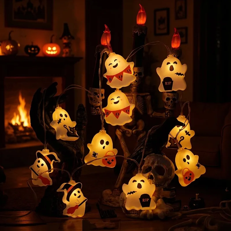 Cute Ghost Shaped Halloween String Lights, Battery Operated, Plug-Free, Indoor & Outdoor Decorative Lights for Yard & Balcony