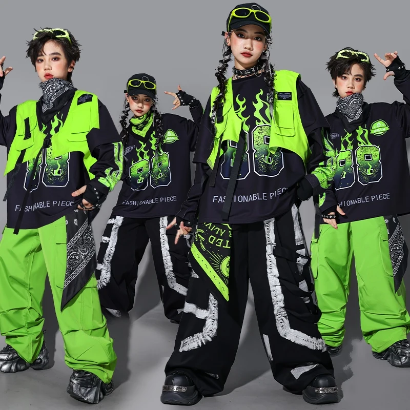 2025-fashion-hip-hop-dance-costume-green-vest-pants-girls-boys-long-sleeves-performance-outfit-concert-jazz-outfits-kpop-bl17095
