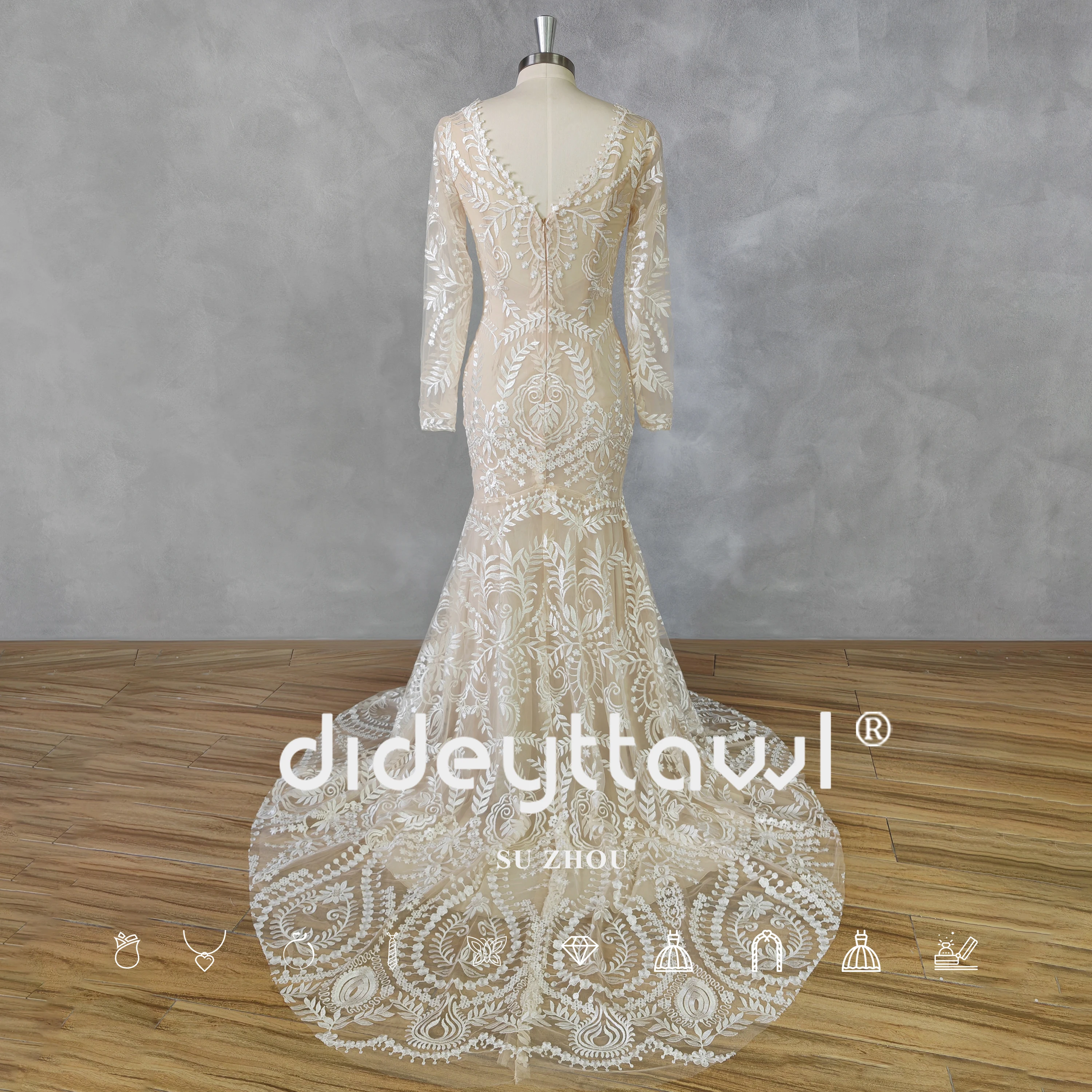 DIDEYTTAWL Real Picture Two Pieces O-Neck Long Sleeves Lace Mermaid Wedding Dress Floor Length Zipper Open Back Bridal Gown