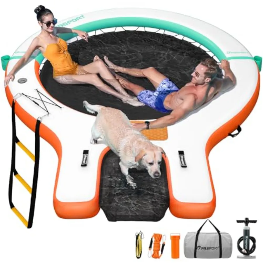Lake floating dock inflatable water hammock, PVC material, blue, extra-large stable platform with cup holders and boat ramp for