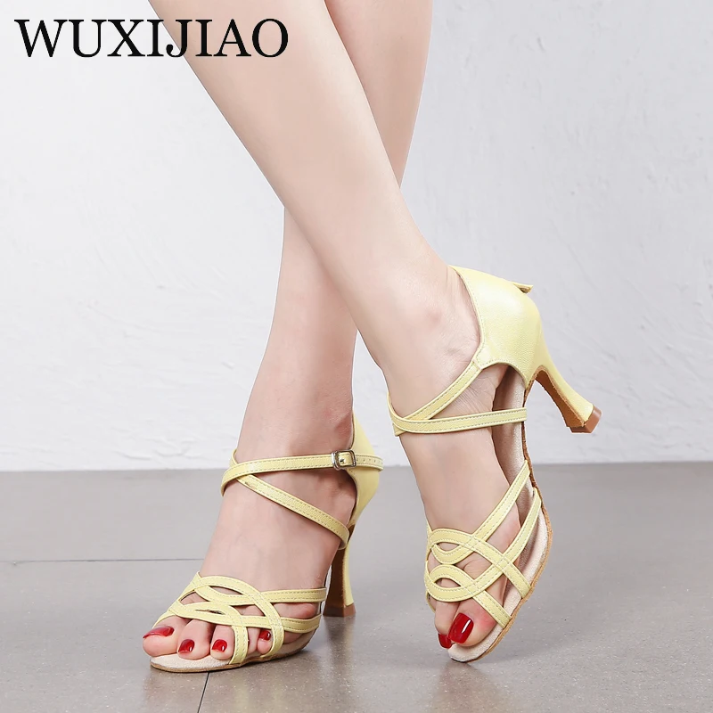 WUXIJIAO Ladies Latin Dance Shoes PU Purple Yellow High Heels Wide Heel 9cm Salsa Ballroom Latin Dance Shoes