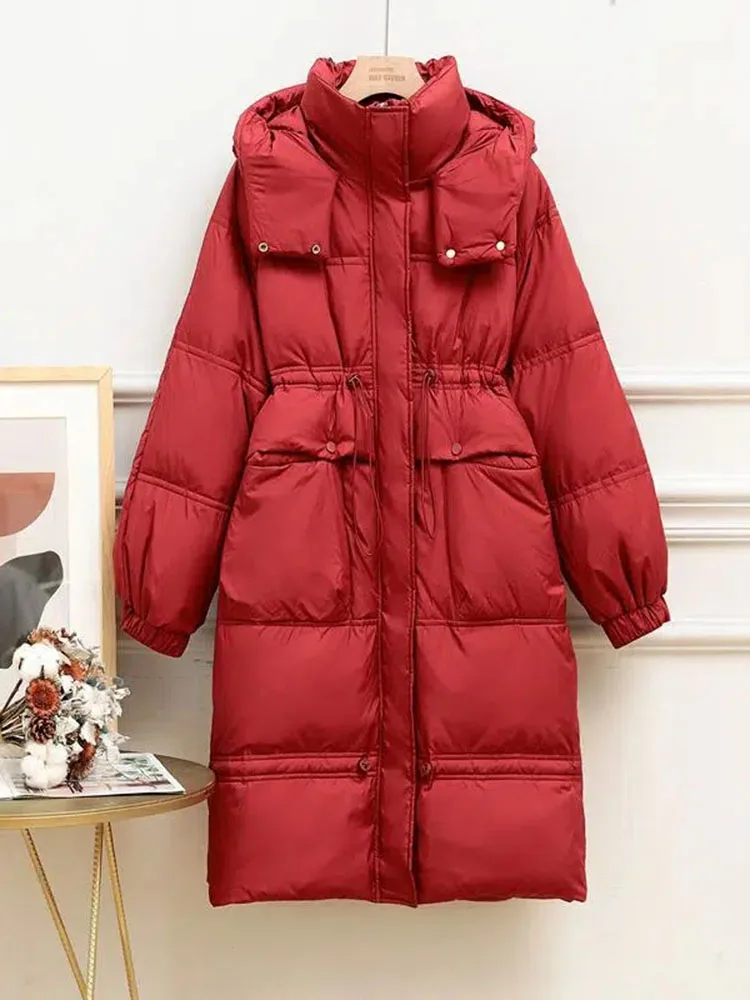 Imagem -05 - Cabolsas Longos com Capuz de Inverno Feminino Tamanho Grande Espessado Parkas de Bolso Soltas Cordão na Cintura Soprador Jaquetas Frias Coreano Frio