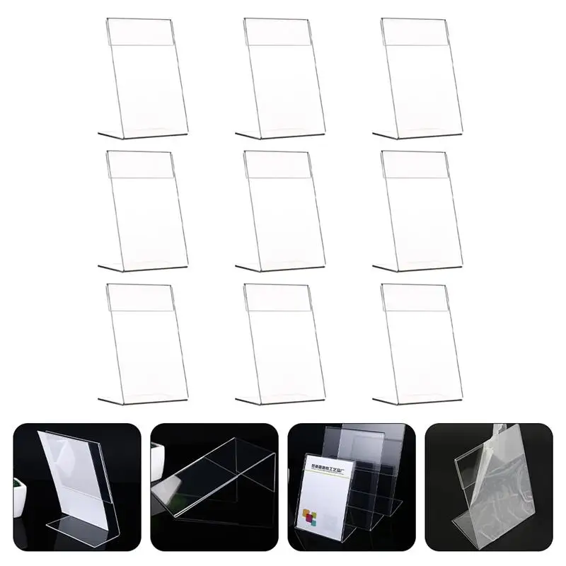 9Pcs Acrylic Display Stand Clear Price Tag Price Display Card L-Shape Slanted Sign Holders Desktop Paper Menu Pictures Holder