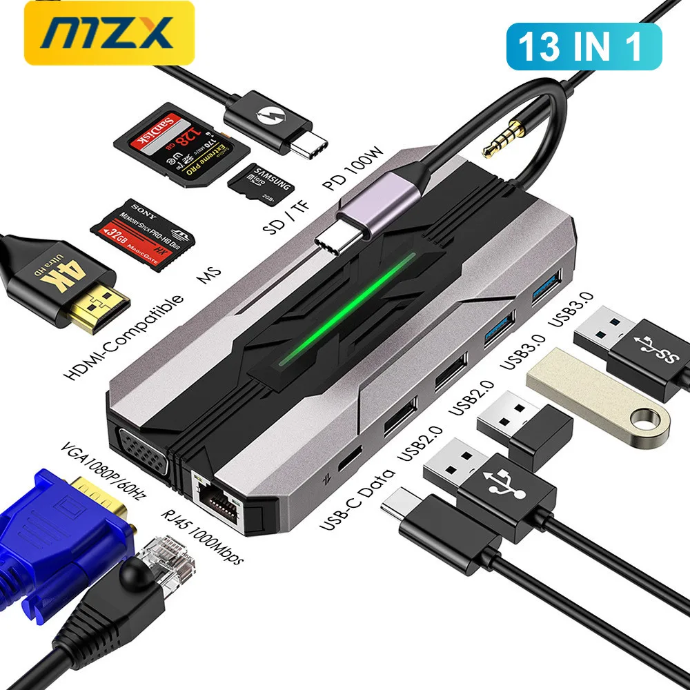 MZX 13-in-1 Docking Stations 1000M RJ45 USB Hub 3 0 HDMI-Compatible HDTV VGA Type C 3.0 Concentrator Adapter USBC Extension Dock