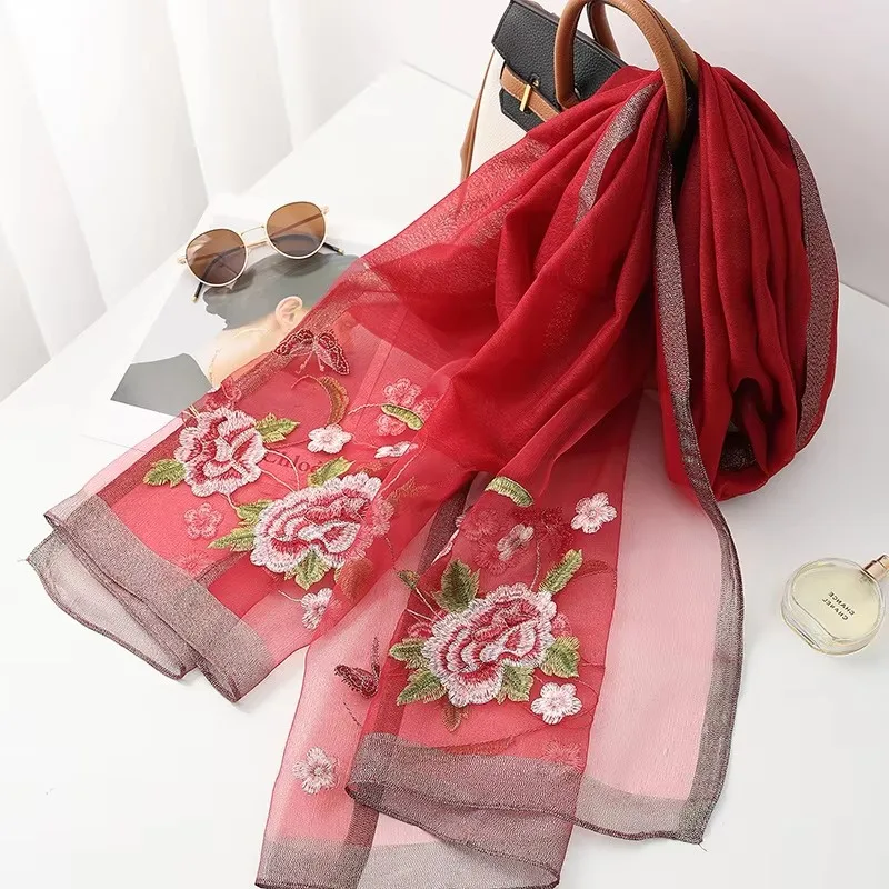 Silk wool scarf women hijab pashmina shawls wrap Luxury Bandana Blanket Floral Pashmina Embroidery Scarves Foulard high quality