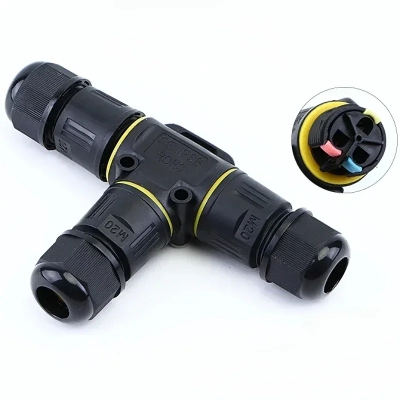 IP68 M20 T Type 3 Way Waterproof Cable Connector 2/3Pin Lever Wiring Terminal for Electrical Junction Box Outdoor Wire Connector