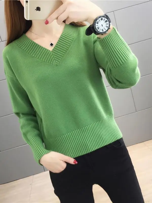 

Loose Women's V-Neck Knitted Sweater Spring Summer Autumn Winter Casual Style Korean Fashion Long Sleeve Crew Neck Top