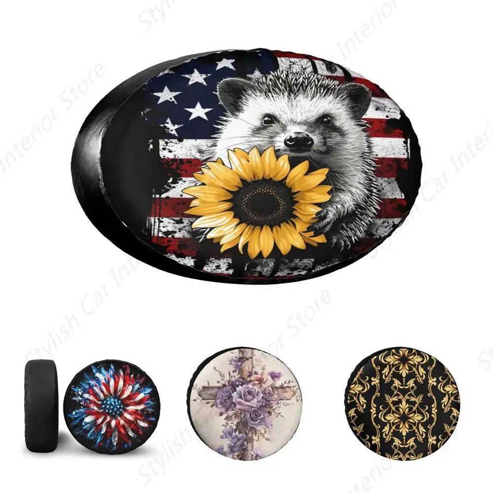 Hedgehog Sunflower American Flag Spare Tire Cover for Rv Trailer Camper- Cute Funny Waterproof Wheel Protectors Cover Universal