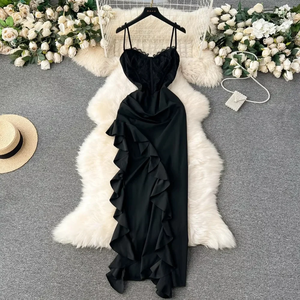 Chic Elegant Lace Patchwork Ruffle Slip Dress Fairycore Birthday Evening Party Vestidos Vacation Sexy Women Pencil Dress